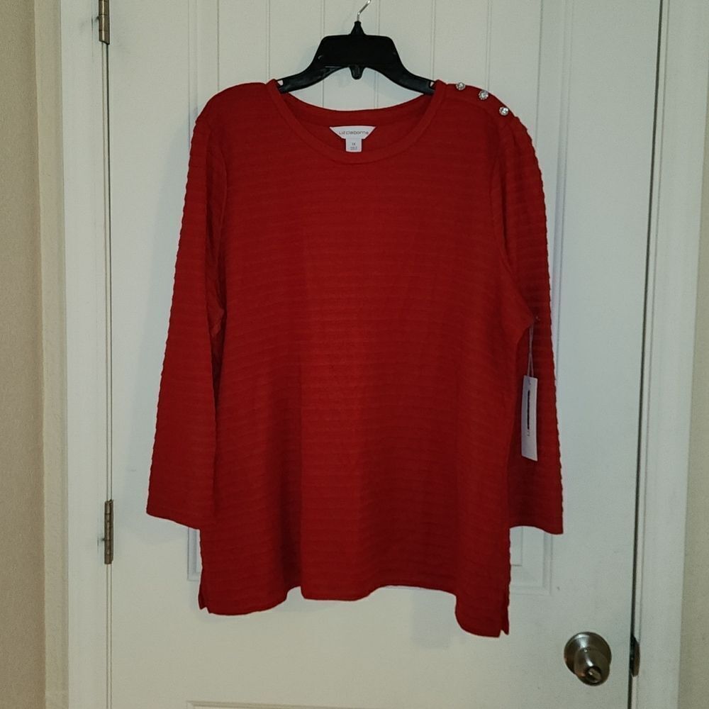 NWT Liz Claiborne Cabaret Red Sweater with shoulder jewels, Size 1X